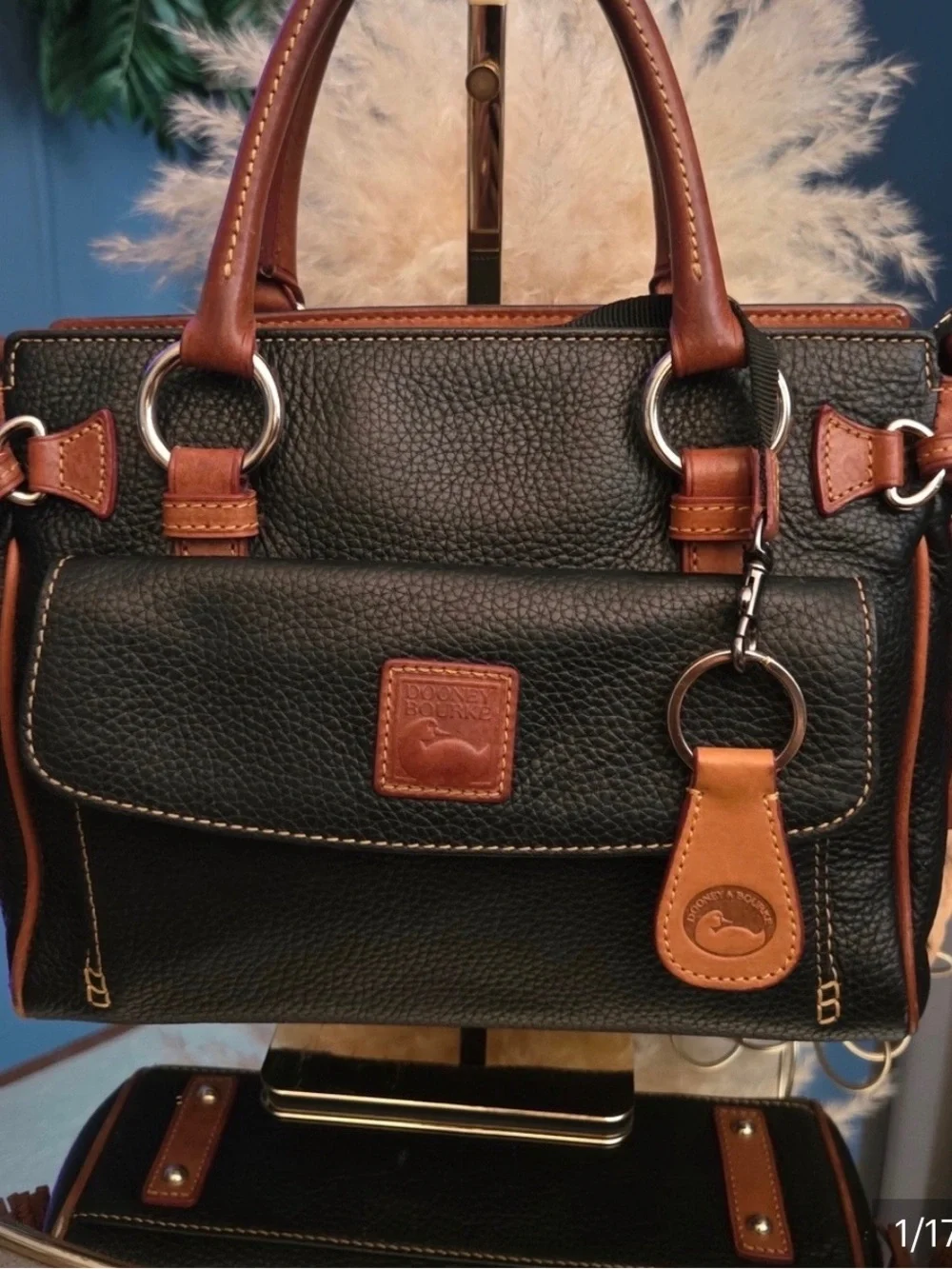 Dooney & Bourke Black Pebbled Leather Tote with Brown Trim